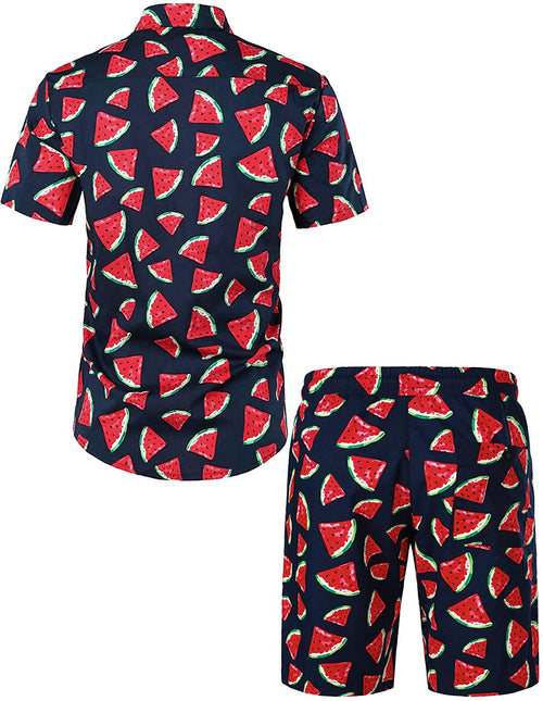 Men's Watermelon Print Cotton Hawaiian Shirt & Shorts Set
