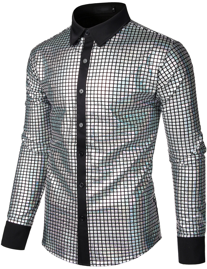 Men's Dress Shirt Sequins Button Down Long Sleeve Shirts Disco Party Costume