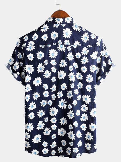 Men's Floral Daisy Print Tropical Hawaiian Cotton Flower Shirt