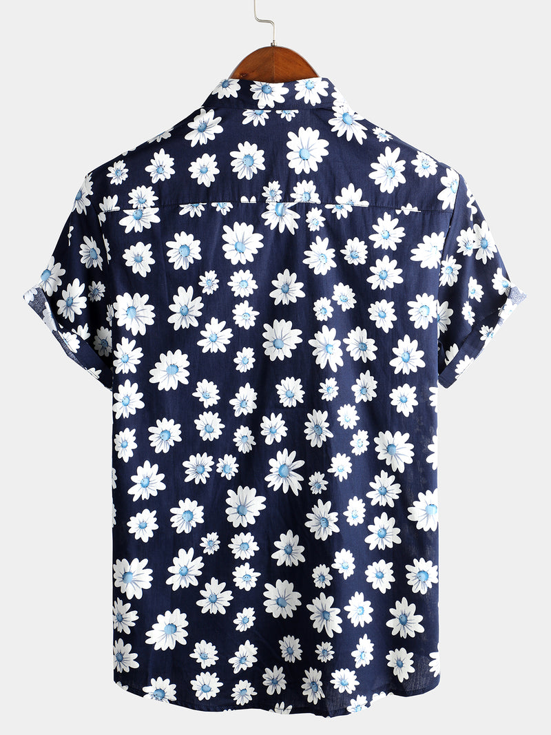 Men's Floral Daisy Print Tropical Hawaiian Cotton Flower Shirt