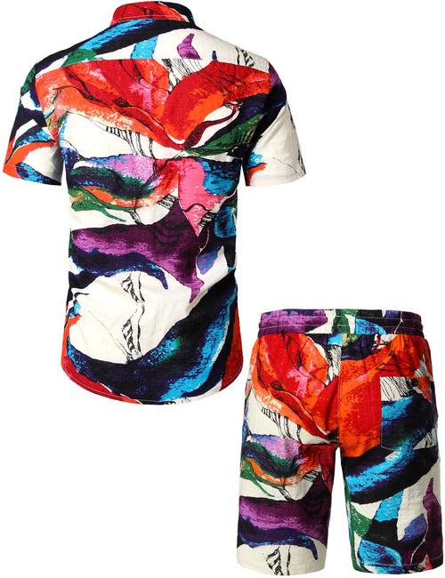 Men's Flower Casual Button Down Hawaiian Shirts&Shorts