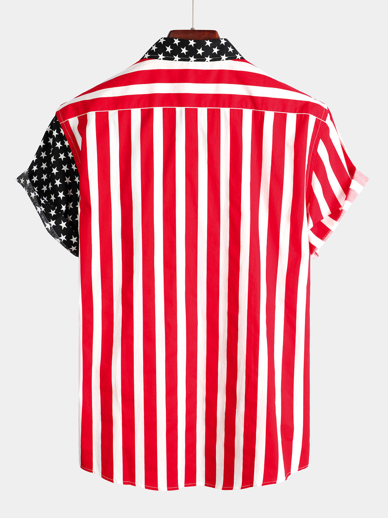 Men's Cotton American Flag Pocket Patriotic Hawaiian Short Sleeve Shirt