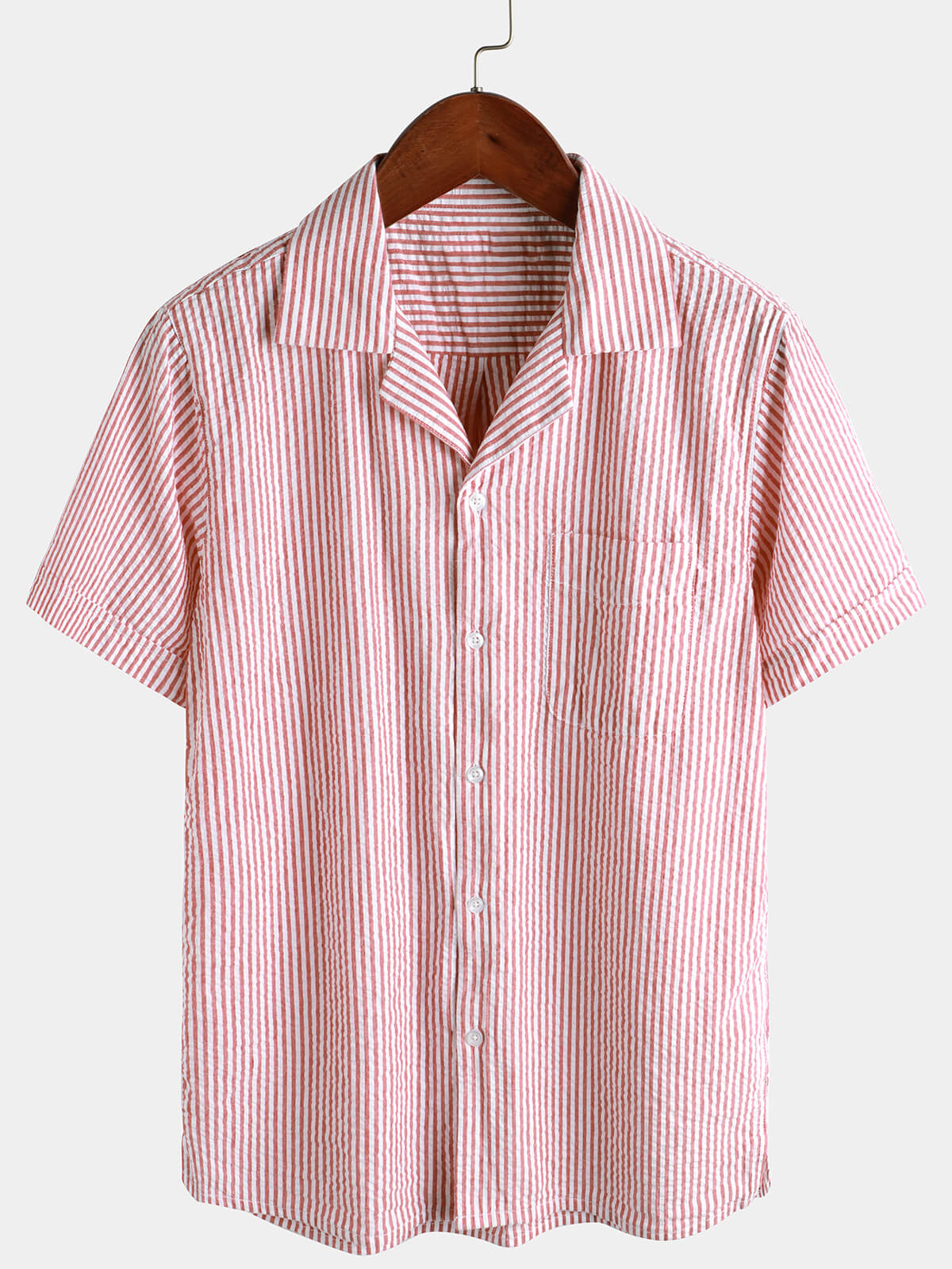 Men's Pink Breathable Striped Cotton Button Up Summer Cuban Collar Camp Short Sleeve Beach Shirt