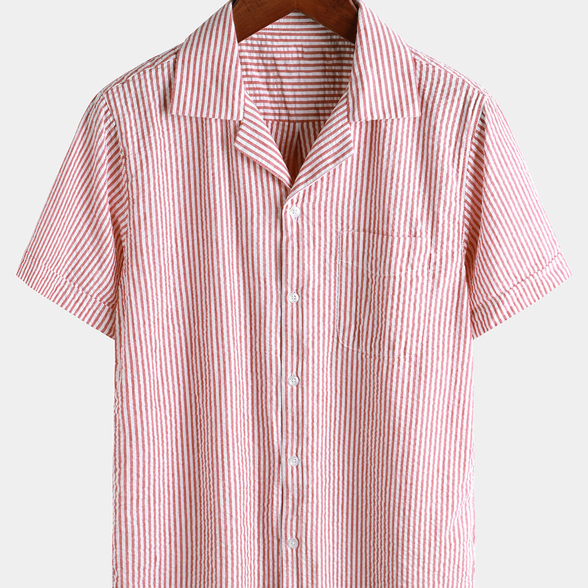 Men's Pink Breathable Striped Cotton Button Up Summer Cuban Collar Camp Short Sleeve Beach Shirt