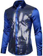Mens Dress Shirt Silver Sequins Long Sleeve Button Down Disco Shirt Party Costume