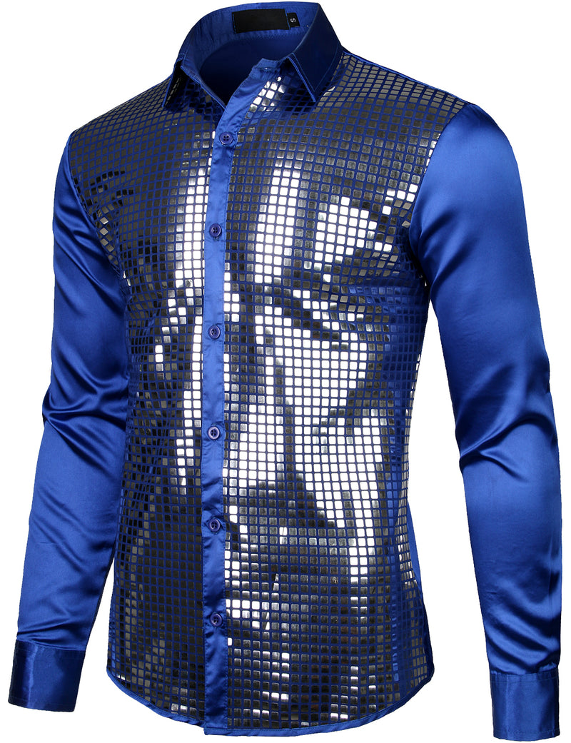 Mens Dress Shirt Silver Sequins Long Sleeve Button Down Disco Shirt Party Costume