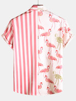 Men's Pink Flamingo Animal Striped Print Pocket Button Up Vacation Short Sleeve Beach Cruise Camp Shirt