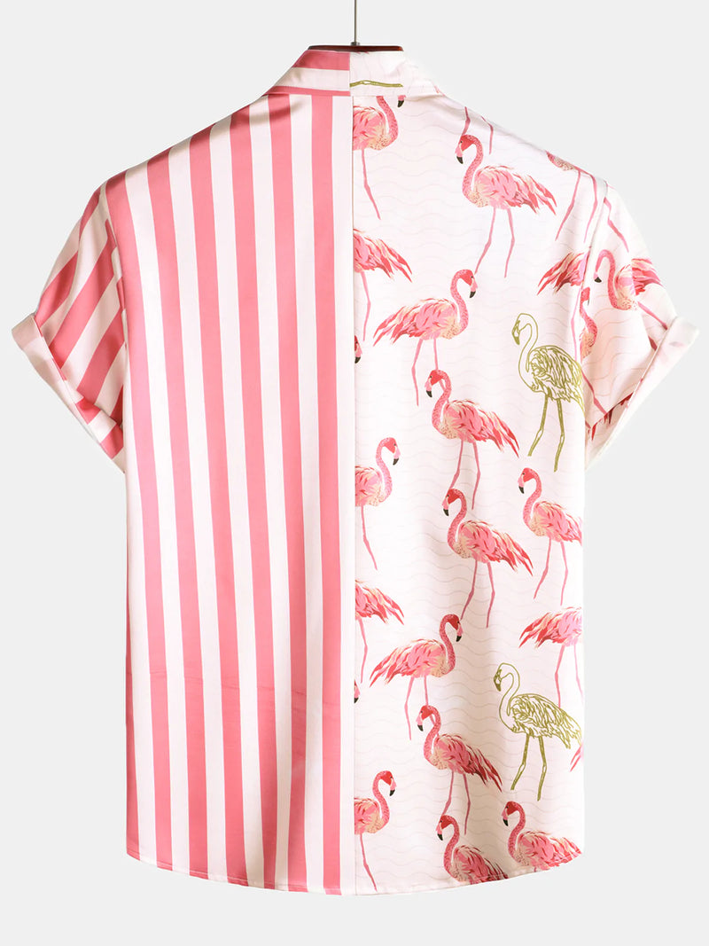 Men's Pink Flamingo Animal Striped Print Pocket Button Up Vacation Short Sleeve Beach Cruise Camp Shirt