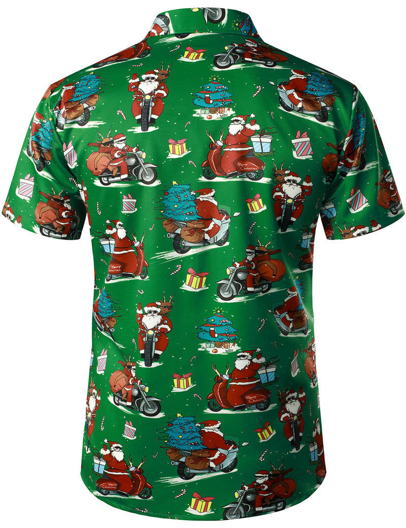 Men's Green Ugly Christmas Santa Print Claus Short Sleeve Shirt