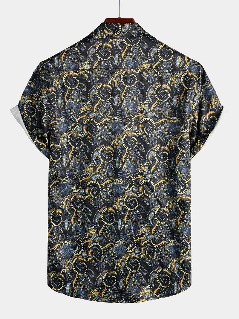 Men's Retro Navy Blue Short Sleeve Casual Shirt