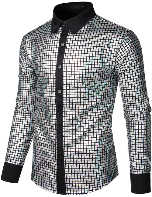 Men's Dress Shirt Sequins Button Down Long Sleeve Shirts Disco Party Costume