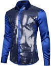 Mens Dress Shirt Silver Sequins Long Sleeve Button Down Disco Shirt Party Costume