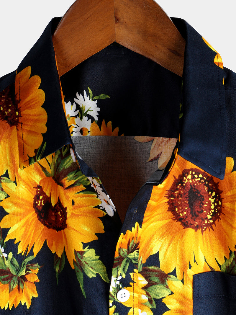 Men's Vintage Sunflower Pocket Short Sleeve Shirt