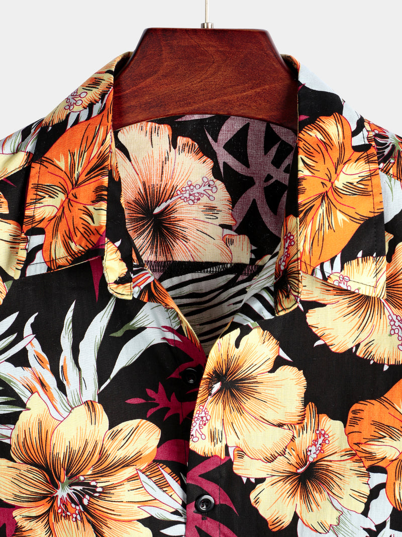 Men's Hawaii Tropical Plant Print Floral Cotton Shirt