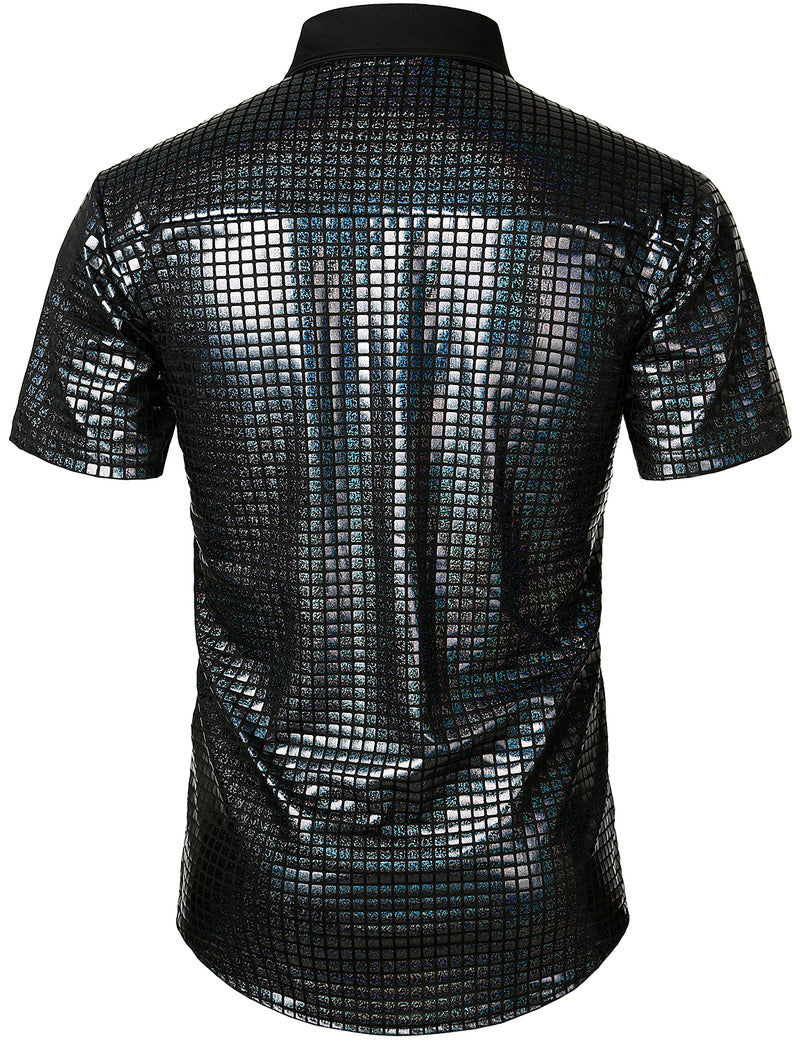 Men's Dress Shirt Sequins Short Sleeves Button Down Shirts Disco Party Costume