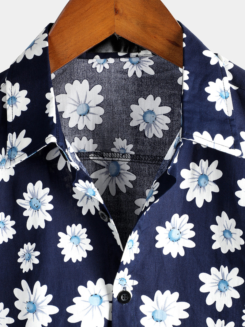 Men's Floral Daisy Print Tropical Hawaiian Cotton Flower Shirt