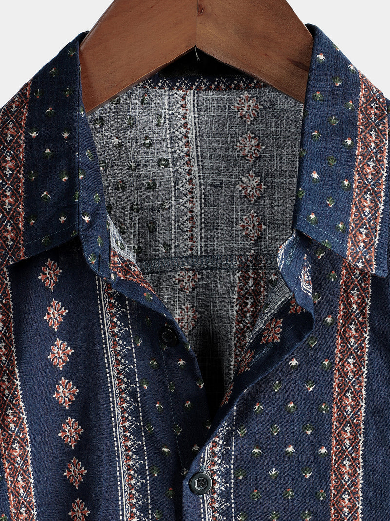Men's Retro Button Up Short Sleeve Cotton 70s Shirt