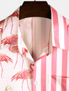 Men's Pink Flamingo Animal Striped Print Pocket Button Up Vacation Short Sleeve Beach Cruise Camp Shirt
