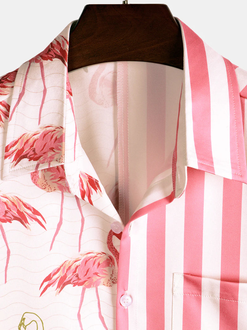 Men's Pink Flamingo Animal Striped Print Pocket Button Up Vacation Short Sleeve Beach Cruise Camp Shirt