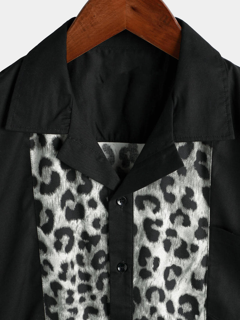 Men's Leopard Print Boling Casual Button Up Short Sleeve Hawaiian Summer Shirt