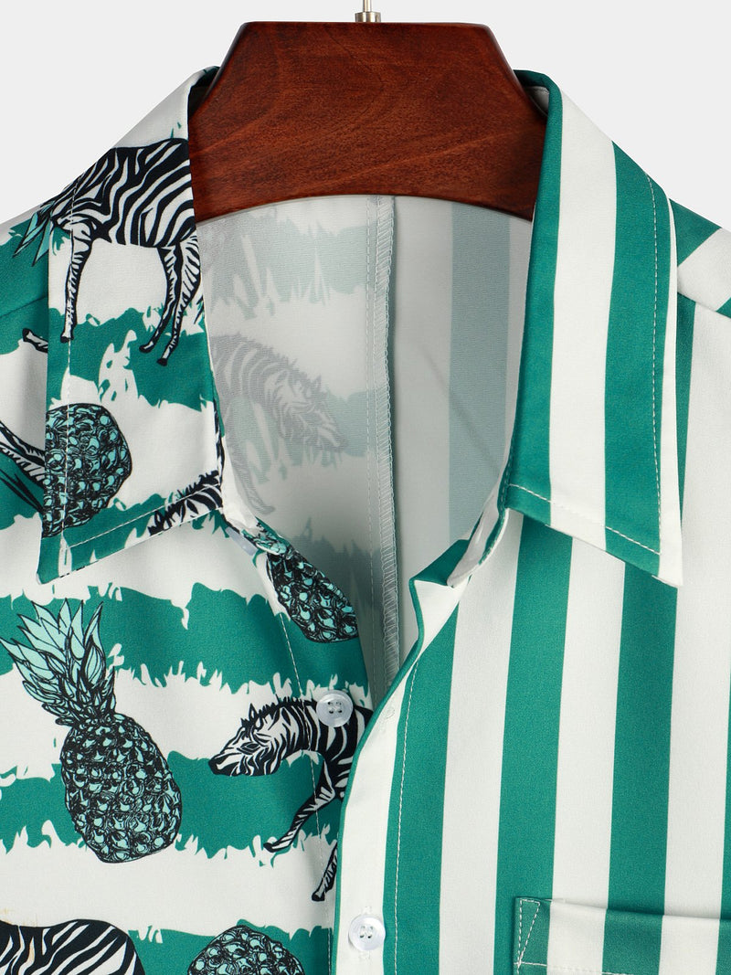 Men's Short Sleeve Striped Pocket Hawaiian Shirt