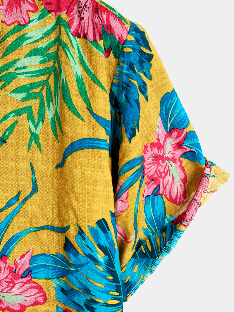 Men's Yellow Flower Tropical Hawaii Cotton Short Sleeve Shirt