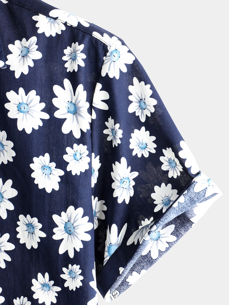 Men's Floral Daisy Print Tropical Hawaiian Cotton Flower Shirt