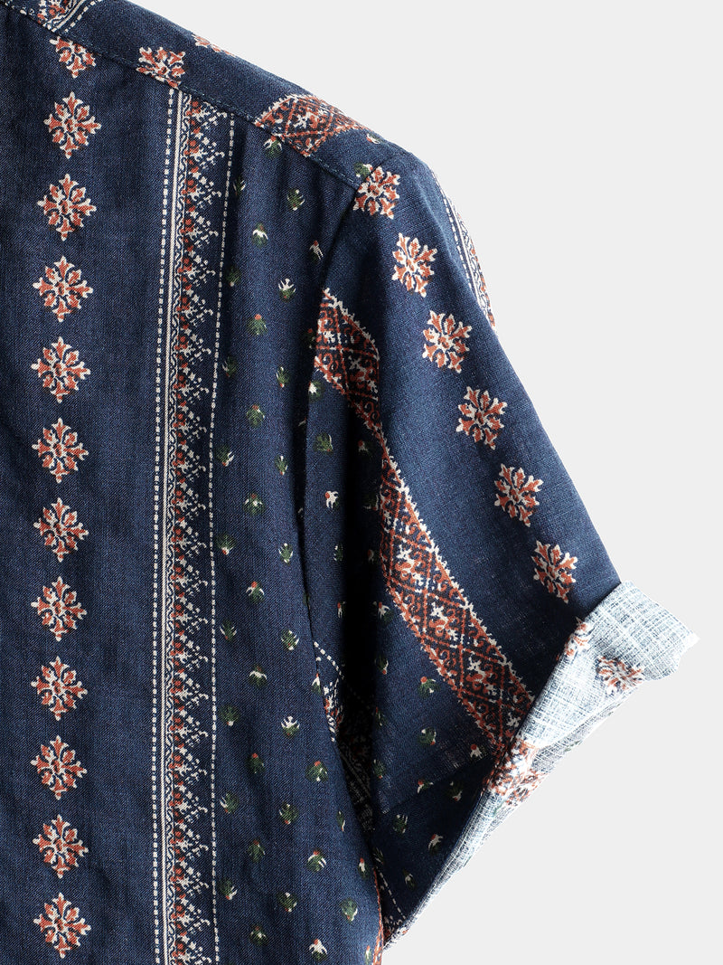 Men's Retro Button Up Short Sleeve Cotton 70s Shirt