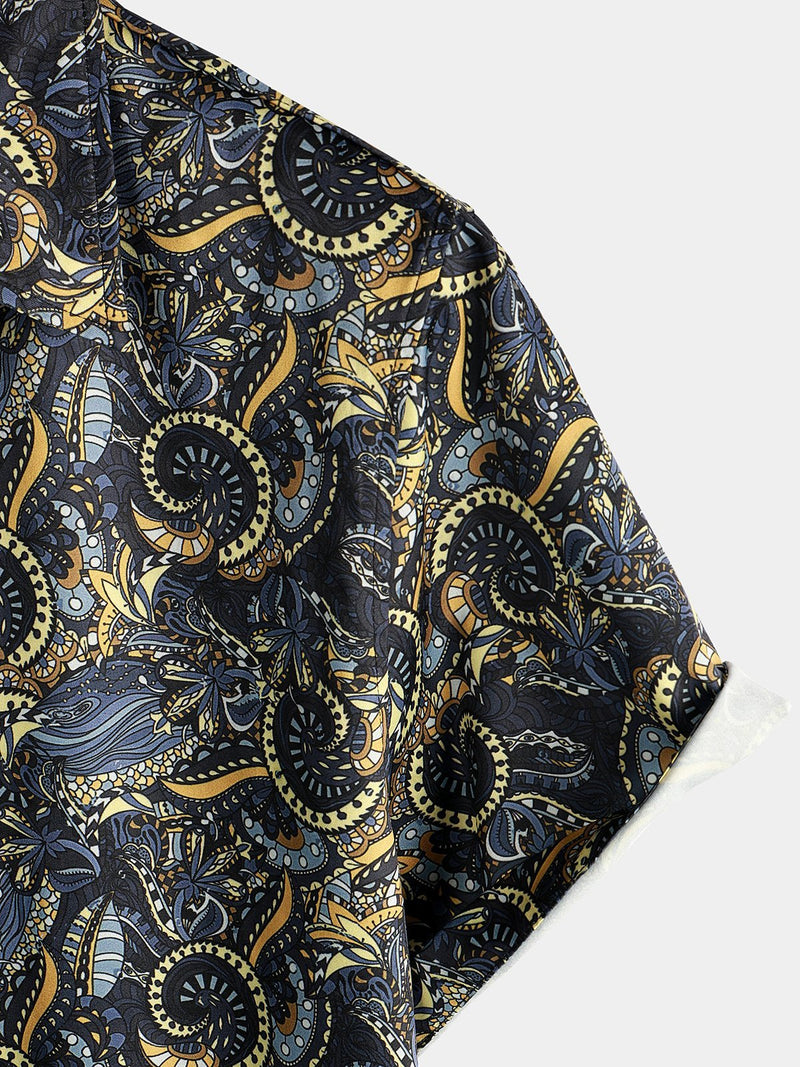 Men's Retro Navy Blue Short Sleeve Casual Shirt