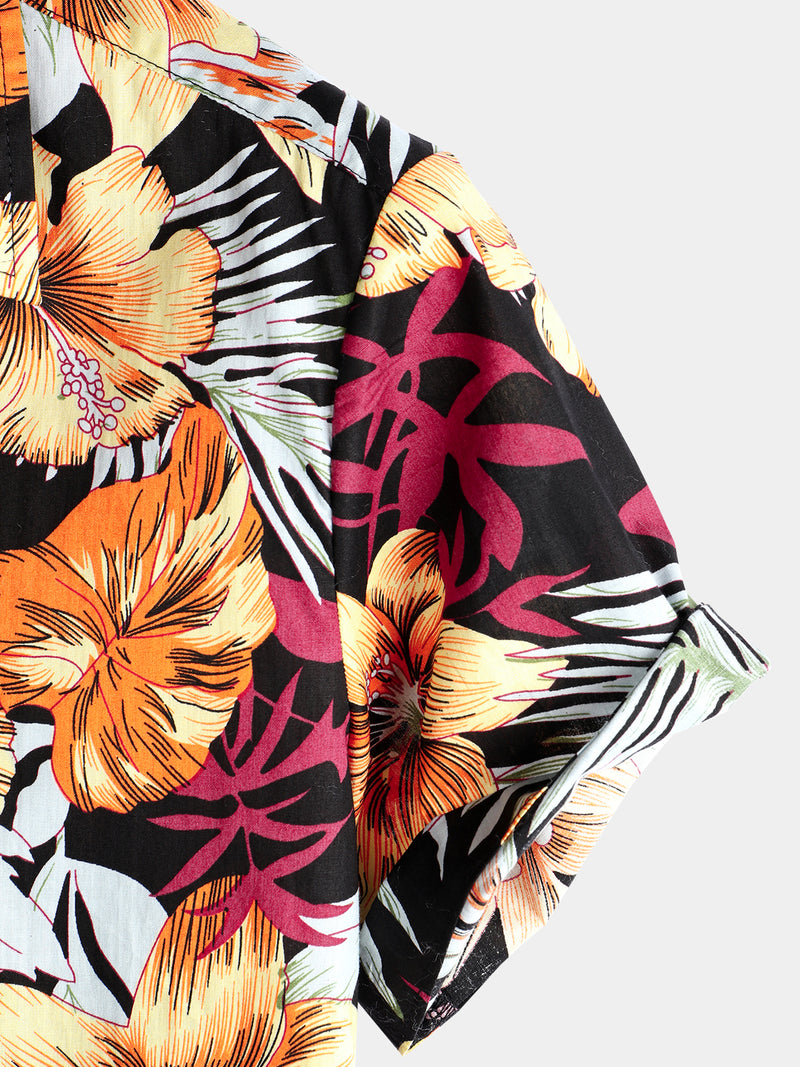 Men's Hawaii Tropical Plant Print Floral Cotton Shirt