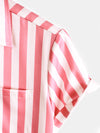 Men's Pink Flamingo Animal Striped Print Pocket Button Up Vacation Short Sleeve Beach Cruise Camp Shirt