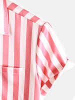Men's Pink Flamingo Animal Striped Print Pocket Button Up Vacation Short Sleeve Beach Cruise Camp Shirt