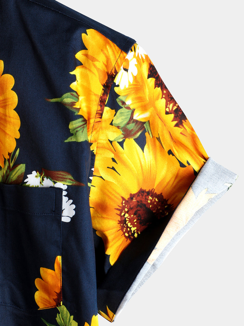 Men's Vintage Sunflower Pocket Short Sleeve Shirt
