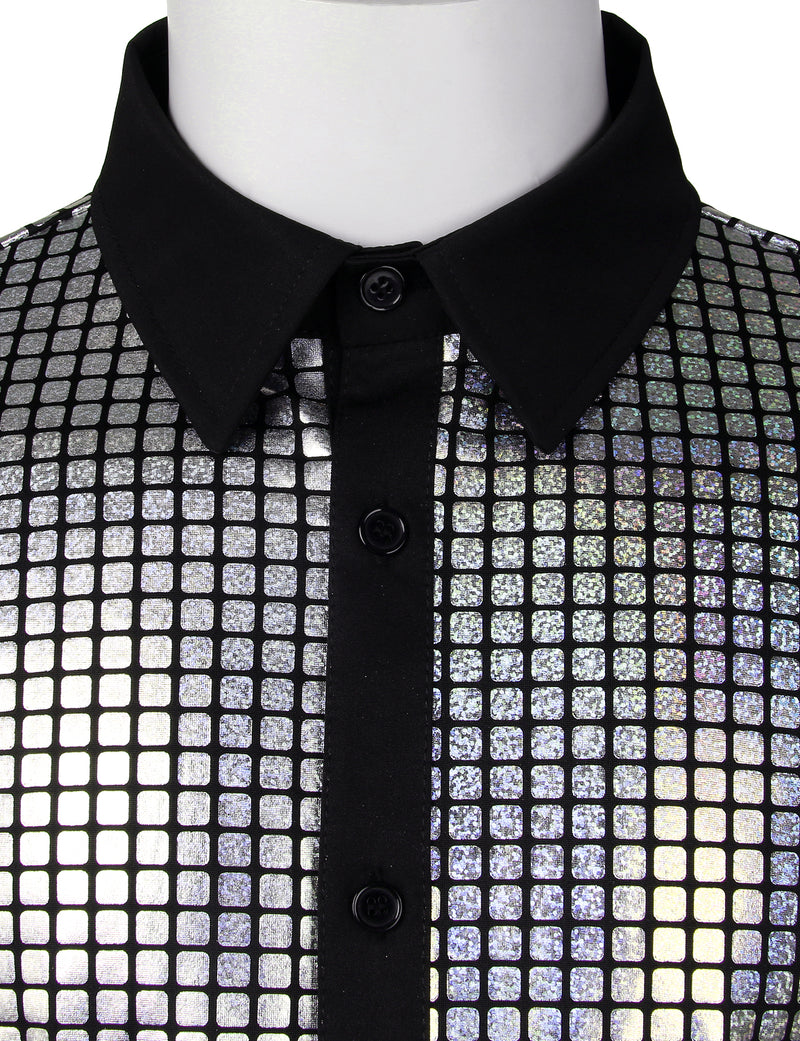 Men's Dress Shirt Sequins Button Down Long Sleeve Shirts Disco Party Costume