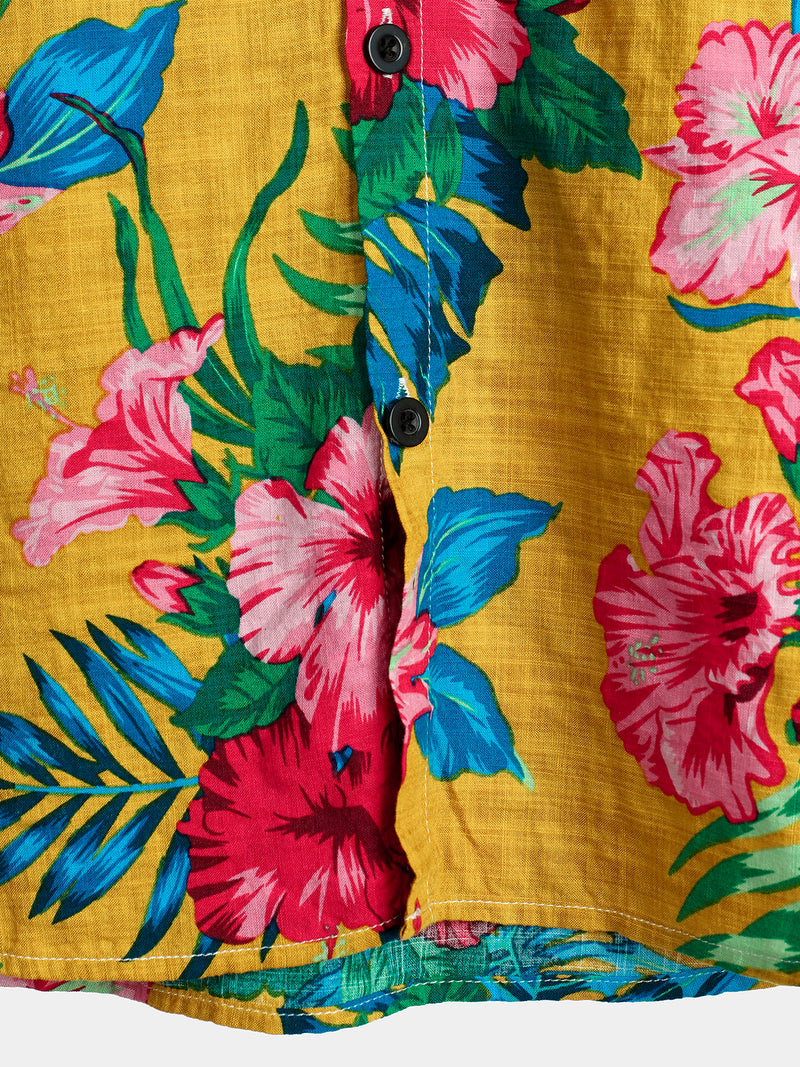 Men's Yellow Flower Tropical Hawaii Cotton Short Sleeve Shirt