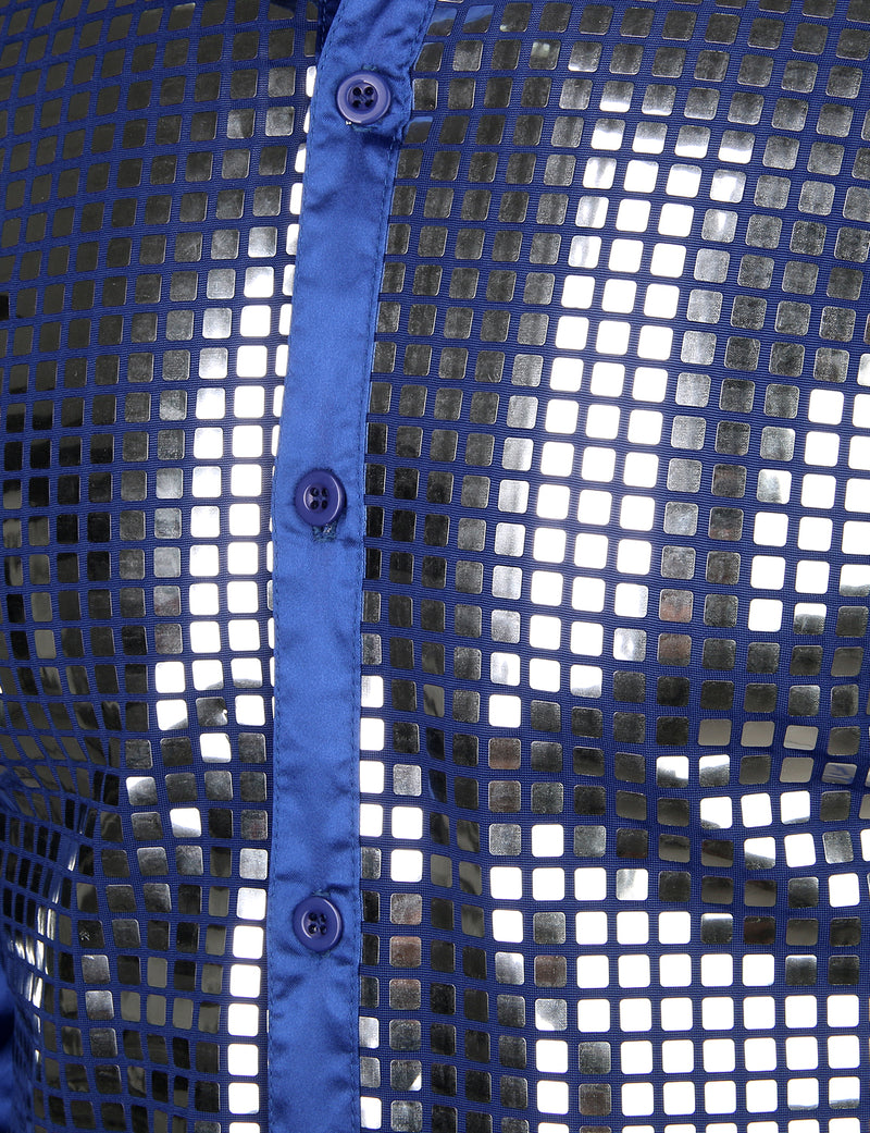 Mens Dress Shirt Silver Sequins Long Sleeve Button Down Disco Shirt Party Costume