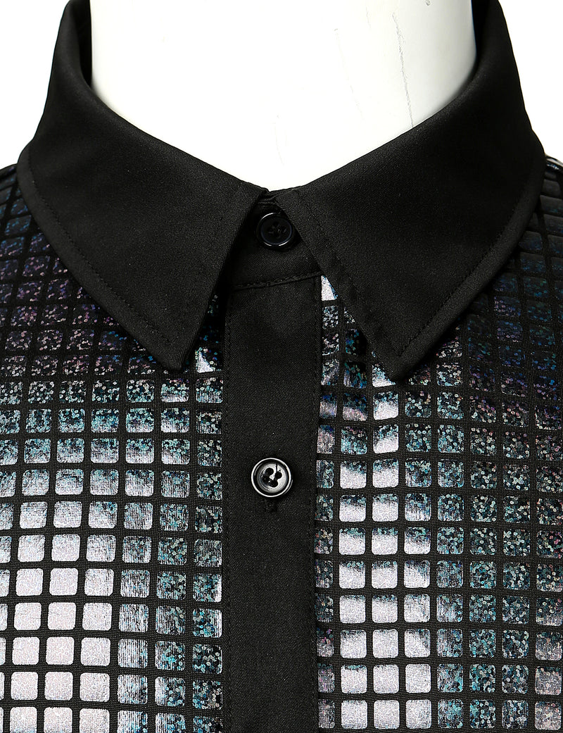 Men's Dress Shirt Sequins Short Sleeves Button Down Shirts Disco Party Costume