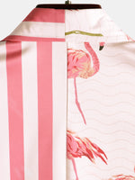 Men's Pink Flamingo Animal Striped Print Pocket Button Up Vacation Short Sleeve Beach Cruise Camp Shirt