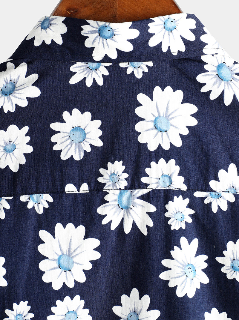 Men's Floral Daisy Print Tropical Hawaiian Cotton Flower Shirt