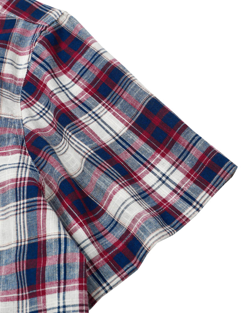 Men's Linen Plaid Pocket Summer Cowboy Check Short Sleeve Button Up Western Shirt