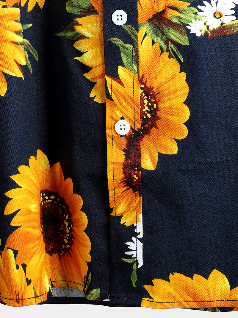 Men's Vintage Sunflower Pocket Short Sleeve Shirt