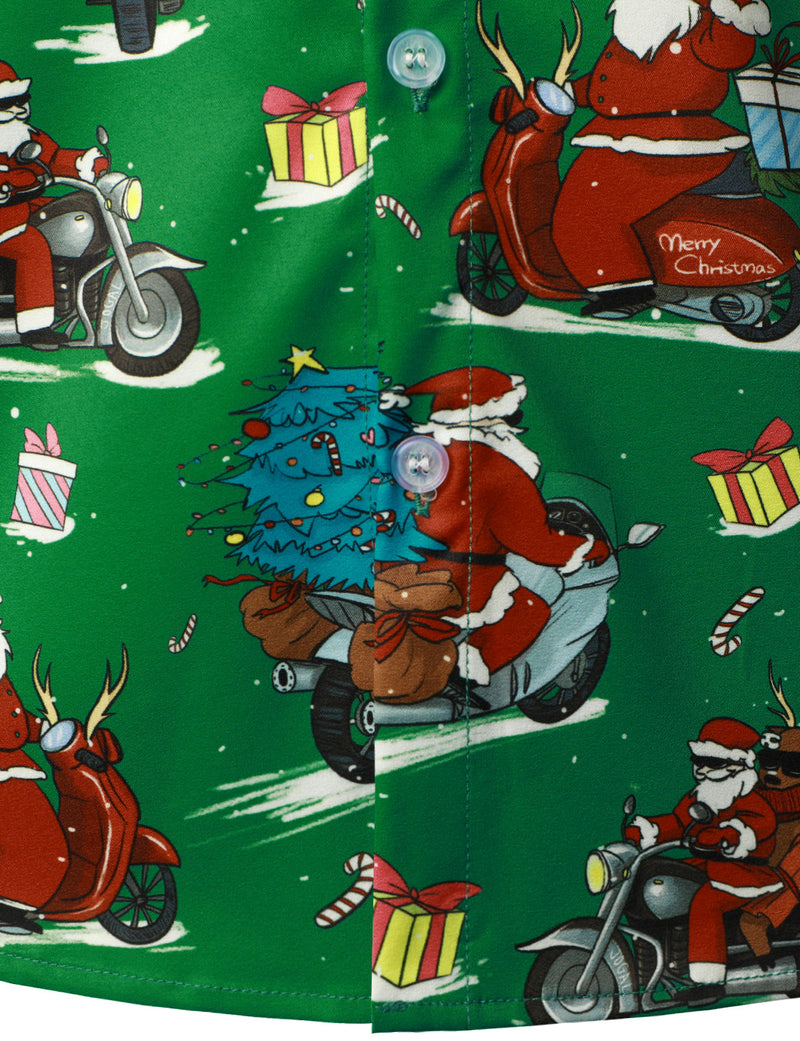 Men's Green Ugly Christmas Santa Print Claus Short Sleeve Shirt