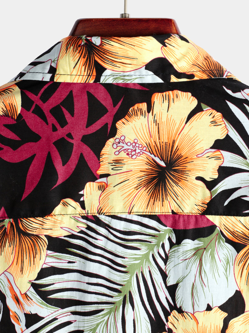 Men's Hawaii Tropical Plant Print Floral Cotton Shirt