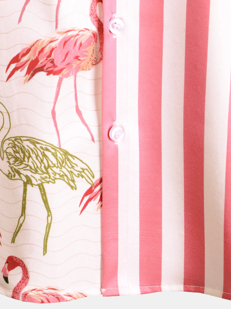 Men's Pink Flamingo Animal Striped Print Pocket Button Up Vacation Short Sleeve Beach Cruise Camp Shirt