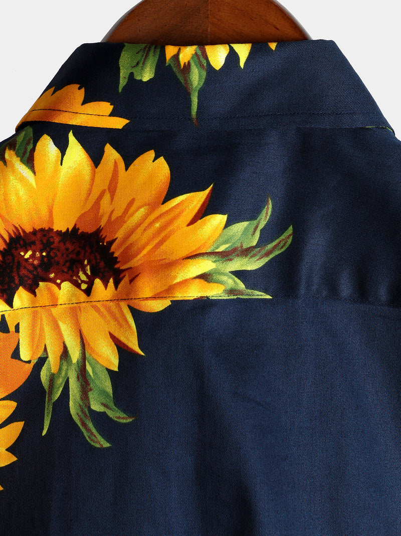 Men's Vintage Sunflower Pocket Short Sleeve Shirt
