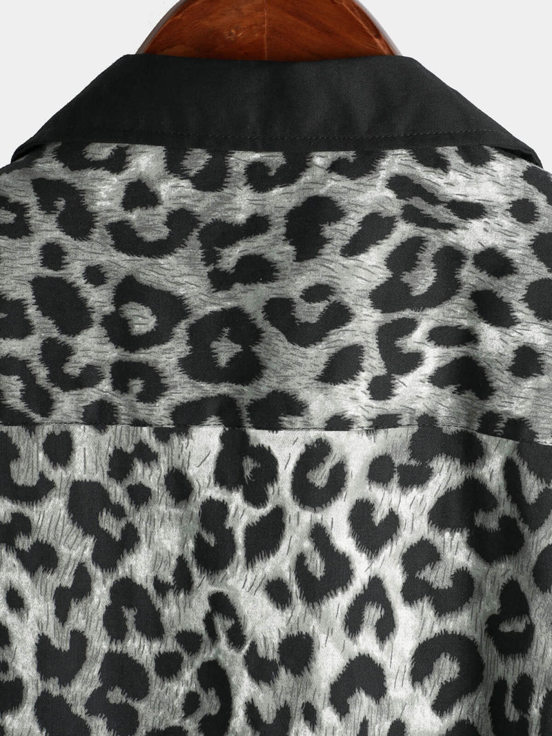 Men's Leopard Print Boling Casual Button Up Short Sleeve Hawaiian Summer Shirt