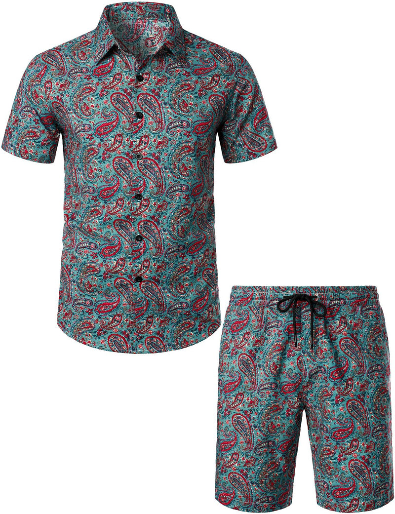 Men's Flower Casual Button Down Hawaiian Shirts&Shorts