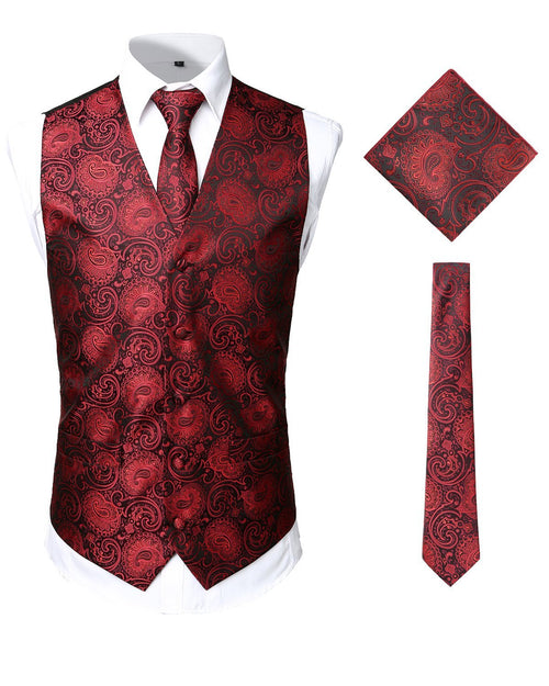 Men's Paisley Vest Necktie Square Pocket Handkerchief Set for Suit or Tuxedo