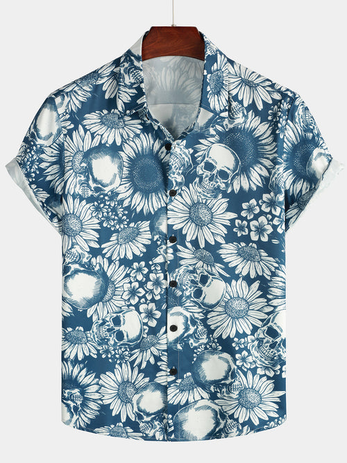 Bundle Of 2|Men's Skull Button Short Sleeve Rock and Roll Hawaiian Shirt