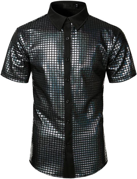 Men's Dress Shirt Sequins Short Sleeves Button Down Shirts Disco Party Costume